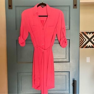 Express Button Belted Dress - Roll Sleeves - Coral